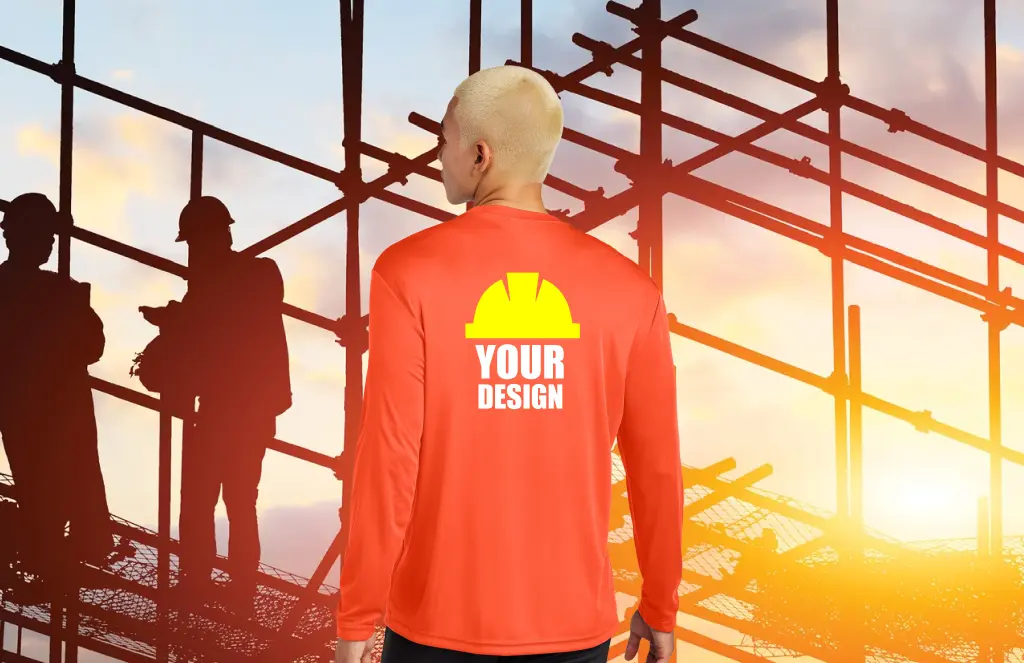 Custom long sleeve safety work shirt with construction helmet logo design by Miami Epic Tees