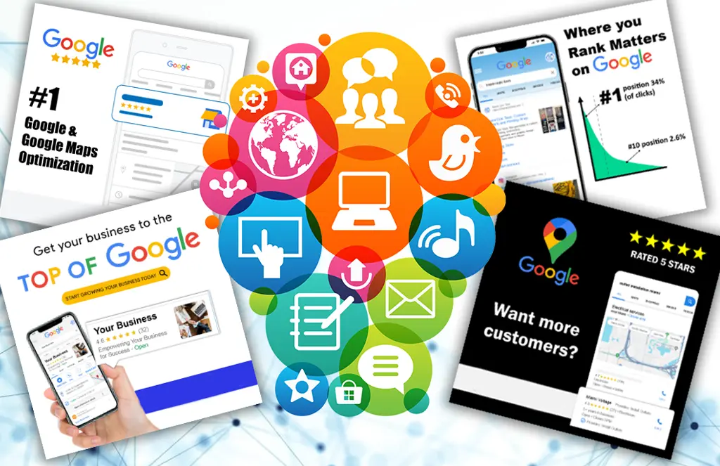 Visual marketing collage showing Google ranking results, review stars, and SEO services