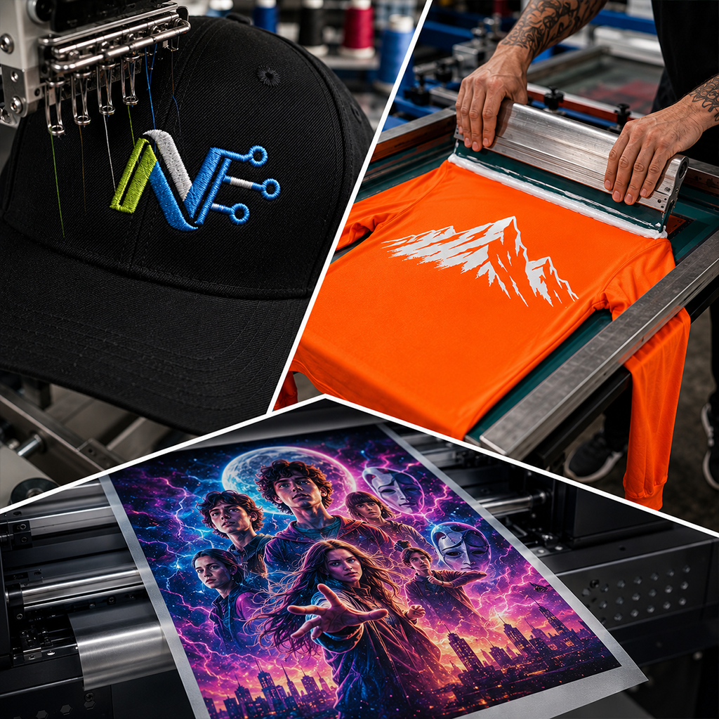 Comparison of custom apparel printing methods including embroidery, screen printing and DTF printing for custom shirts