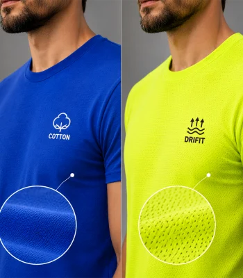 Side-by-side comparison of cotton and Dri-FIT fabrics to help choose the best material for custom printed t-shirts and uniforms.