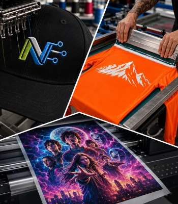 Comparison of custom apparel printing methods including embroidery, screen printing and DTF printing for custom shirts