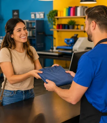Customer handing over a t-shirt at a custom print shop to have an existing garment personalized with custom printing.