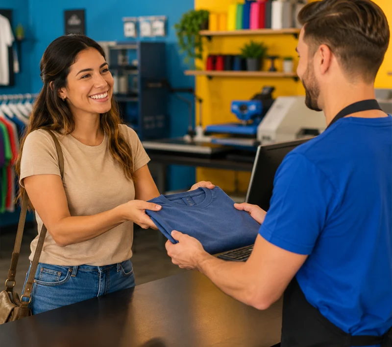 Customer handing over a t-shirt at a custom print shop to have an existing garment personalized with custom printing.