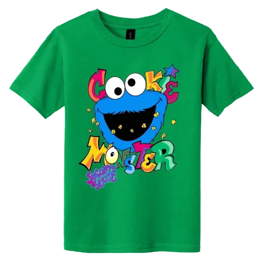 Green DTG printed t-shirt with Cookie Monster cartoon design by Miami Epic Tees