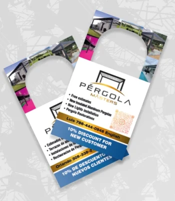 Custom printed door hanger promoting pergola installation services with a discount offer in Miami.