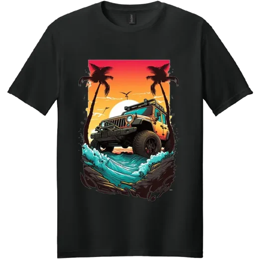 Black t-shirt with colorful beach Jeep graphic printed by Miami Epic Tees