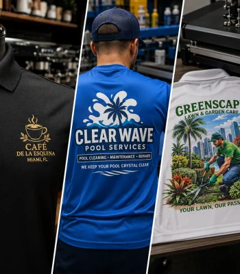 Custom branded apparel for small businesses in Miami featuring embroidered polos, company uniforms and promotional work shirts