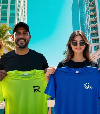 Man and woman holding custom printed t-shirts with logos, standing in downtown Miami with palm trees and high-rise buildings.