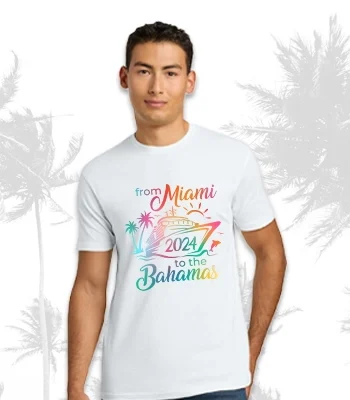 White custom t-shirt with colorful Miami to Bahamas 2024 design.