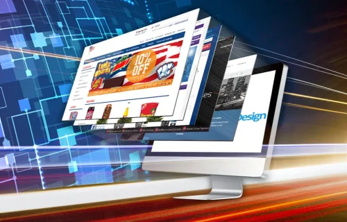 Stacked website design previews on computer screen by Miami Epic Tees