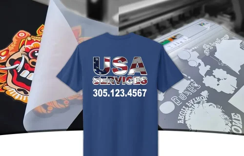DTF printed shirt with USA Services logo and custom contact info from Miami Epic Tees