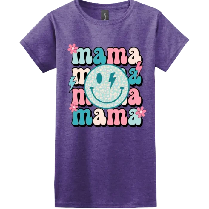 Purple “mama” shirt with retro smiley face and DTG print by Miami Epic Tees