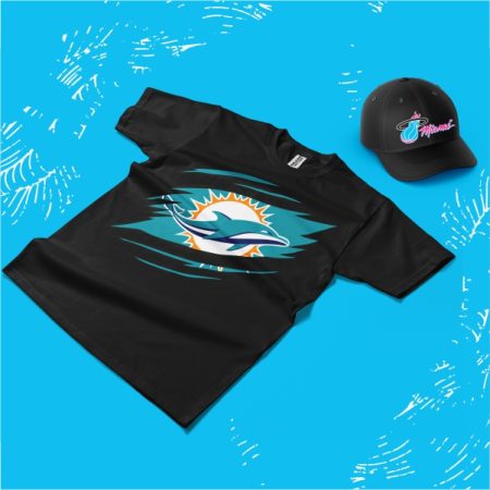 Custom Miami Dolphins t-shirt and Miami Heat cap on blue background