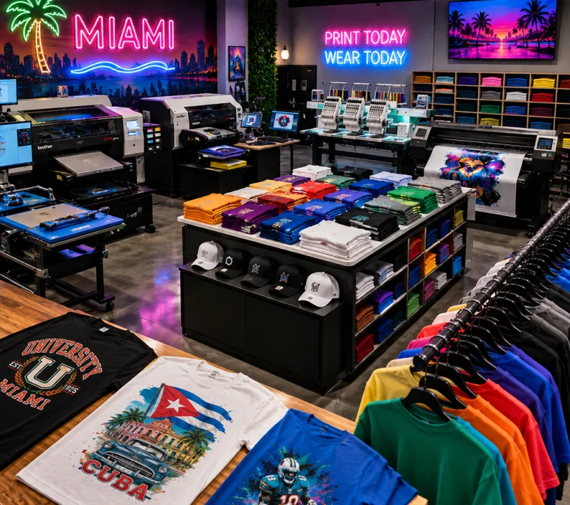 Custom apparel printing shop in Miami offering same-day custom shirt printing and fast turnaround services