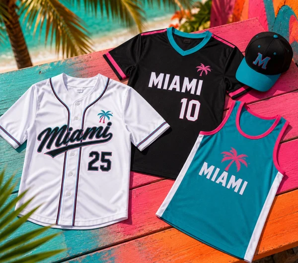 Custom team uniforms and sports jerseys designed for Miami teams with professional athletic apparel printing