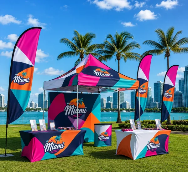 Custom trade show booth with branded canopy, banners and event displays in Miami Florida